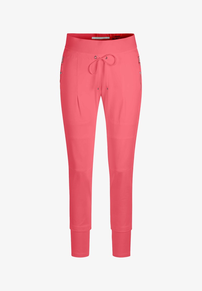 Coral pink slim-fit pants with drawstring waist, zippered side pockets, and fitted cuffs.