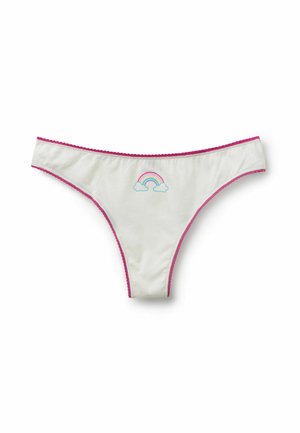 White thong underwear with pink trim, featuring a rainbow and cloud graphic on the front. Smooth texture and simple design.