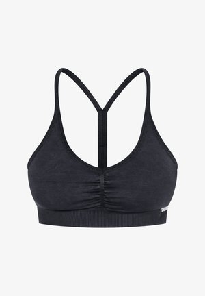 Zwarte sportbeha met een geplooide voorkant, brede elastische band en racerback ontwerp. Gemaakt van zachte, rekbare stof.