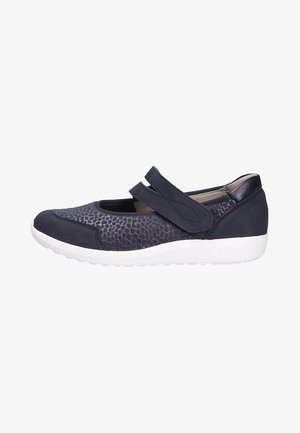 Navy blue slip-on shoe with textured upper, velcro strap, and white rubber sole. Features smooth accents and a rounded toe design.