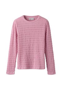 Maglietta rosa a maniche lunghe con collo rotondo e tessuto arricciato a motivo testurizzato. Design semplice a taglio dritto con bordi orlati.