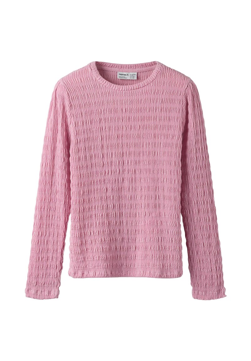 Maglietta rosa a maniche lunghe con collo rotondo e tessuto arricciato a motivo testurizzato. Design semplice a taglio dritto con bordi orlati.