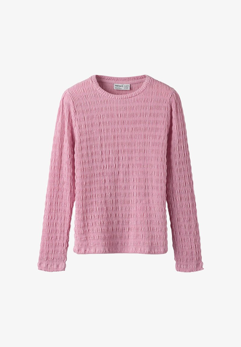 Maglietta rosa a maniche lunghe con collo rotondo e tessuto arricciato a motivo testurizzato. Design semplice a taglio dritto con bordi orlati.