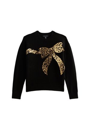Pull noir à col rond, avec un design de nœud en sequins dorés à motif léopard sur le devant. Texture douce et coupe décontractée.