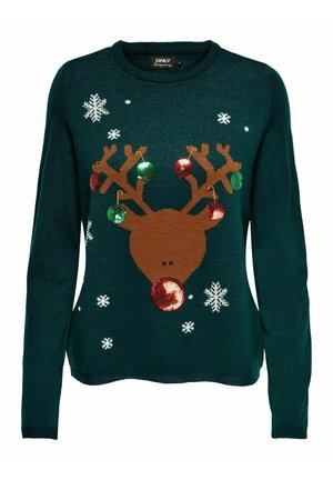 Dunkelgrüner Pullover mit einem großen braunen Rentiergesicht, roten und grünen Pailletten-Ornamenten an den Geweihen und weißen Schneeflocken, die verstreut sind.