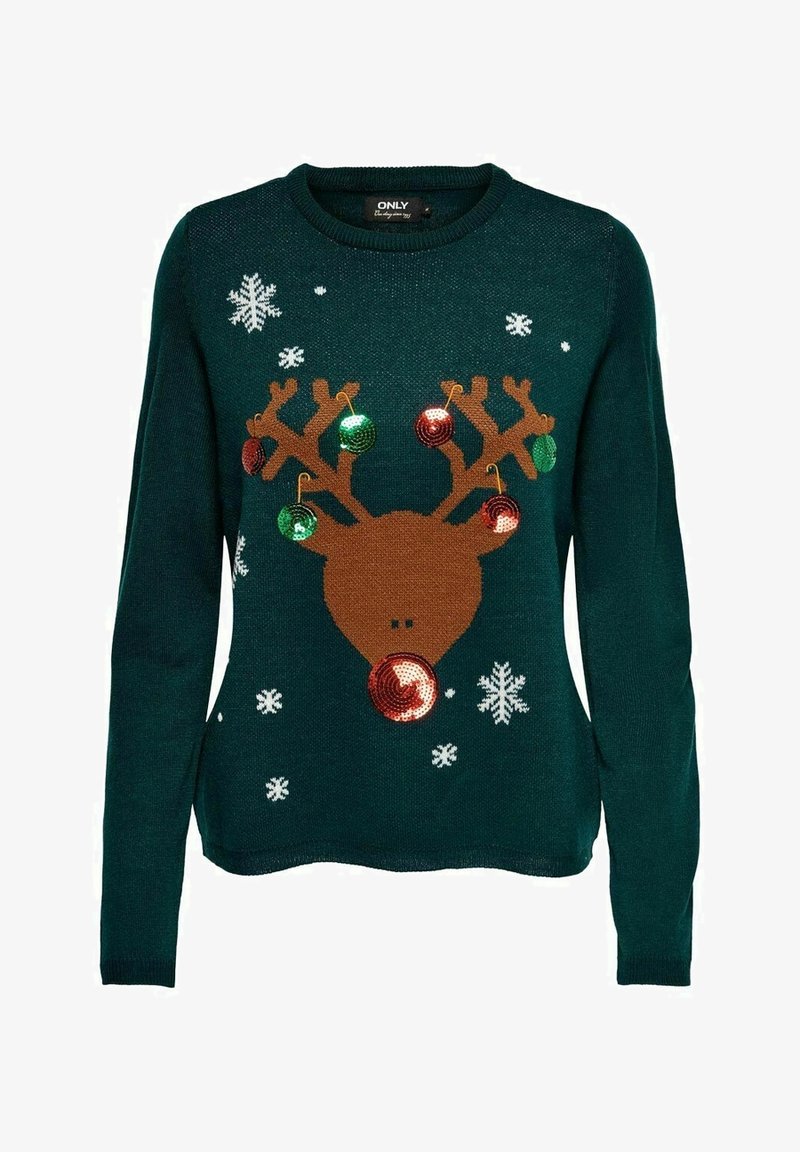 Maglione verde scuro con un grande volto di renna marrone, ornamenti in paillettes rosse e verdi sulle corna e fiocchi di neve bianchi sparsi tutto intorno.