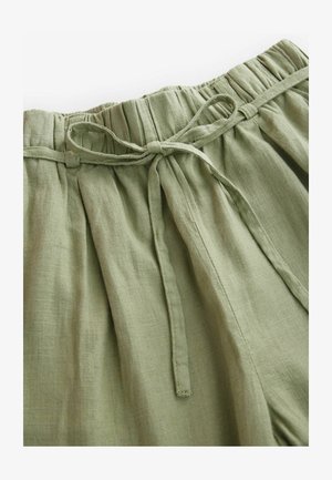 Hellgrüne Leinenmischungshose mit gerafftem Bund, verstellbarem Bindeband und weicher Textur. Mit Falten für zusätzlichen Stil und Komfort.