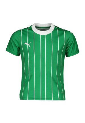 Grünes kurzärmliges Trikot mit weißen vertikalen Streifen, Rundhalsausschnitt und kleinem weißen Puma-Logo auf der linken Brust.