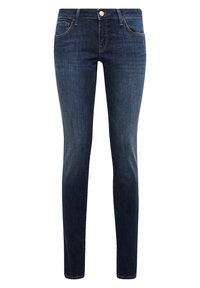 Tajta jeans i mörkblå denim med en slät textur, fem fickor och kontrasterande sömmar. Har en dragkedja och en knappstängning.