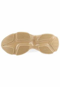 Beige Gummisohle mit einem strukturierten Zickzackmuster. Konturierte Form mit einem glatten mittleren Abschnitt und abgerundeten Kanten.