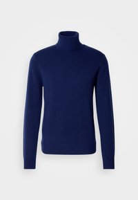Dunkelblaues Rollkragensweatshirt aus weichem Strickmaterial. Verfügt über einen gerippten Kragen, Bündchen und Saum. Einfaches, figurbetontes Design ohne sichtbare Muster.