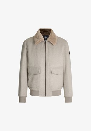 Hellgraue Wollmischung Bomberjacke mit einem Kunstpelzkragen, Reißverschluss vorne, zwei Brusttaschen und gerippten Bündchen.