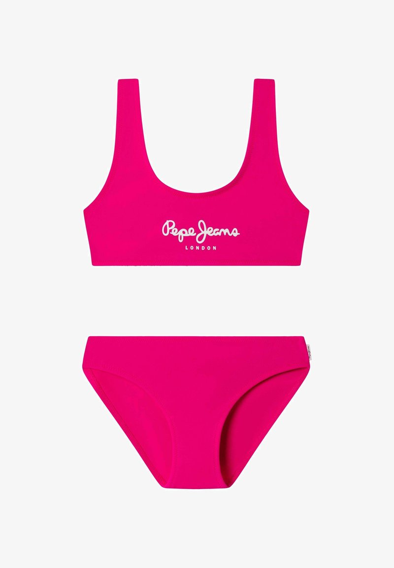 Svetloružové dvojdielne plavky s širokými ramienkami a logom "Pepe Jeans London" na vrchu, s vysokým výstrihom na spodku bikín.