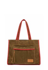 Canvas tote bag in olive green with red trim, featuring two handles, a front zip pocket, and a tan leather logo patch.