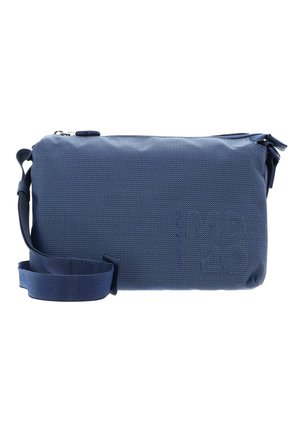 Bolso bandolera rectangular azul de tela con correa ajustable y cierre de cremallera, con un sutil patrón texturizado y logotipo en relieve.