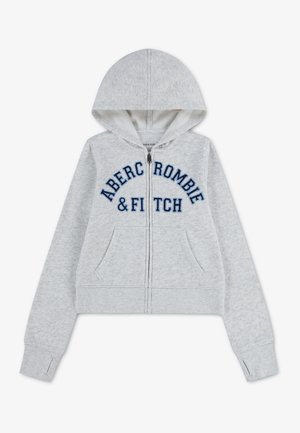 Jasnoszara bluza z kapturem na suwak z przednimi kieszeniami i granatowym napisem "Abercrombie & Fitch" na piersi.