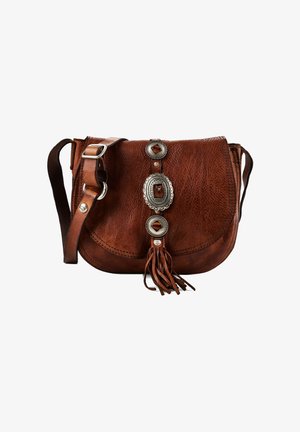 Borsa a tracolla in pelle marrone con tracolla regolabile, conchos ornamentali argentati e dettaglio con nappina in pelle sulla patta anteriore.