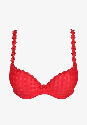 Roter Balconette-BH mit kariertem Muster, Spitzendetails an den Trägern und Rändern, gepolsterten Cups und Unterwäschestütze.