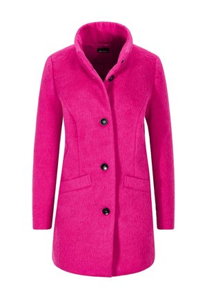 Manteau en laine mélangée fuchsia avec un col montant, cinq boutons noirs et poches avant. La texture lisse et la coupe ajustée améliorent le design.