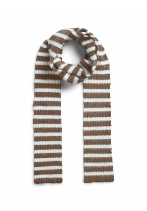 Écharpe tricotée avec des rayures horizontales marron et blanches, pliée en boucle en haut sur fond blanc.