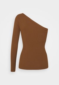 Hedvábný top s jedním ramenem v bohaté hnědé barvě. Disponuje přiléhavým siluetou a jemnou texturou, zdůrazňující moderní designové prvky.