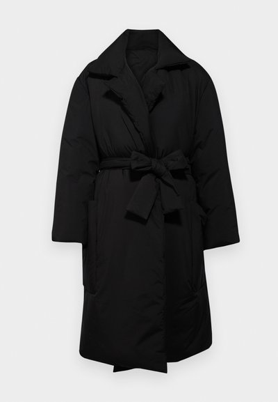 Black padded coat with a belted waist, wide collar, and long sleeves. Features two side pockets and a smooth, textured finish.