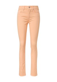 Pantaloni in denim color pesca pallido con vestibilità slim, design a cinque tasche, chiusura con bottone e cerniera, e leggero stretch per il massimo comfort.