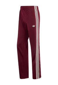 Μπορντό αθλητικό παντελόνι από μαλακό ύφασμα, με τρεις λευκές ρίγες κατά μήκος των πλευρών και μια τσέπη με φερμουάρ στο αριστερό πόδι.