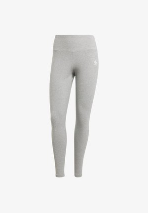 Gray leggings made of soft fabric, featuring a high waistband and small white logo on the upper left thigh. Fitted, stretchy design.