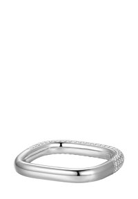 Silver bangle bracelet with a smooth, rounded shape and textured accents featuring inset sparkling stones along one edge.