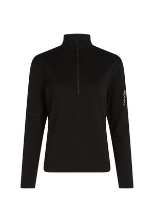 Mustamustelise pullover, millel on neljandikzipper, valmistatud pehmest kangast, paremal varrukal on logo ja mugavuse huvides lameõmblused.