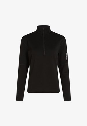 Mustamustelise pullover, millel on neljandikzipper, valmistatud pehmest kangast, paremal varrukal on logo ja mugavuse huvides lameõmblused.