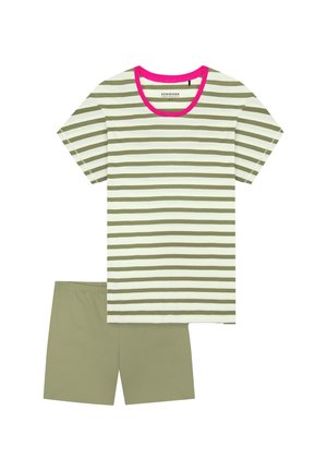 Gestreiftes Kurzarm-T-Shirt in Grün und Creme mit pinkfarbenem Halsausschnitt, kombiniert mit einfarbigen olivgrünen Shorts. Beide aus weichem Stoff gefertigt.
