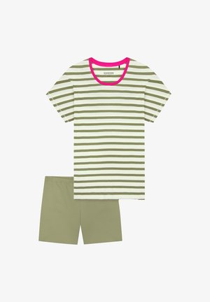 Gestreiftes Kurzarm-T-Shirt in Grün und Creme mit pinkfarbenem Halsausschnitt, kombiniert mit einfarbigen olivgrünen Shorts. Beide aus weichem Stoff gefertigt.
