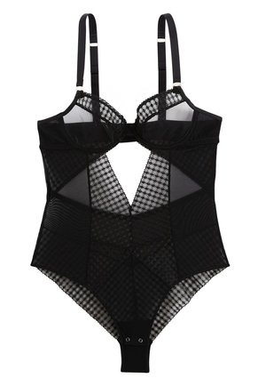 Body en dentelle noire transparente avec bretelles ajustables, bonnets à armatures, motifs géométriques en mesh et fermeture à pression à l'entrejambe.
