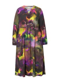Vestido multicolorido hecho de tejido ligero con escote en V, mangas largas, cintura ajustable y patrón abstracto de acuarela.