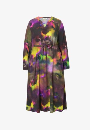 Mehrfarbiges Kleid aus leichtem Stoff mit V-Ausschnitt, langen Ärmeln, Kordelzug in der Taille und abstraktem Aquarellmuster.