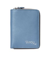 Blue leather wallet with textured surface, gray interior, silver hardware, and embossed logo. Zip closure at the top allows for secure access.