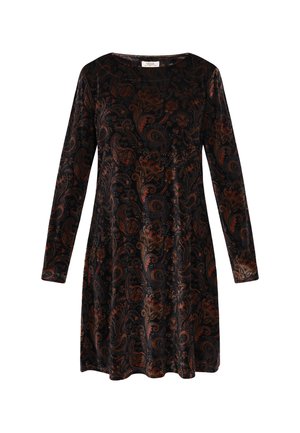 Czarna sukienka z długim rękawem w wzór paisley w miedzianych i złotych odcieniach, wykonana z miękkiego materiału, z okrągłym dekoltem i rozszerzanym krojem.