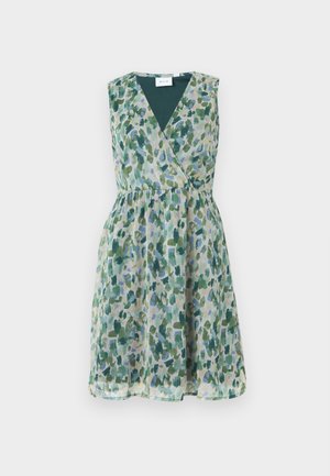 Αμάνικο φόρεμα μήκους μέχρι το γόνατο με αφηρημένο floral σχέδιο σε πράσινες, μπλε και μπεζ αποχρώσεις και μπούστο με ντεκολτέ σε σχήμα V που διασταυρώνεται.