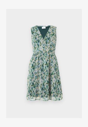 Ärmelloses knielanges Kleid mit grünem, blauem und beigem abstraktem Blumenmuster und V-Ausschnitt mit überkreuztem Oberteil.