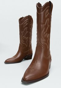 Ett par bruna lädercowboyboots i midikalvslängd med broderade dekorativa mönster på skaftet och tån, med en låg staplad klack.