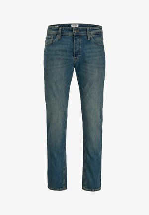 Jeans in denim blu con taglio dritto, design a cinque tasche e chiusura classica con bottone e cerniera. Texture liscia e finitura sbiadita.