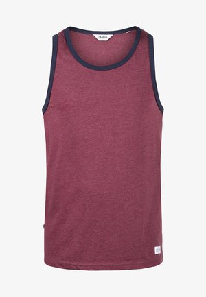 Burgundia värvi tank top pehmest kangast, millel on tumesinine soonik serv kaeluse ja käeaukude ümber. Üksik disain koos väikese logo sildiga allääres.