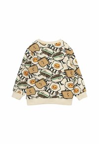 Felpa girocollo in tessuto crema con personaggi alimentari cartoon, tra cui uova, hamburger e noodles, con polsini e orlo a coste.