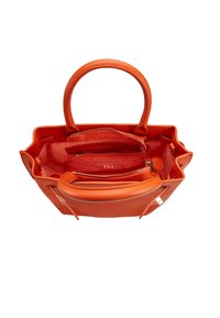 Borsa in pelle arancione brillante con due manici, apertura superiore che mostra due scomparti interni con cerniera e una fodera interna liscia.