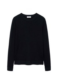 Černý žebrovaný svetr s dlouhými rukávy a kulatým výstřihem, se solidní barvou, rovým lemem a texturovaným materiálem.