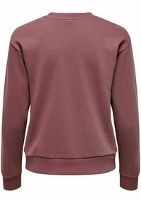 Sudadera marrón con cuello redondo, mangas largas y puños y dobladillo acanalados. Tejido suave y texturizado. La vista trasera muestra un diseño limpio y sencillo.