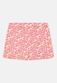 Šortky s potiskem, které mají vícbarevný design srdce v růžové a žluté barvě na bílém pozadí, s zadní kapsou a plochým pasem.