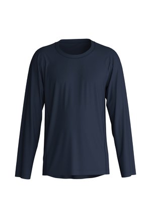 Donkerblauwe langemouw t-shirt van zacht, rekbaar materiaal met een ronde hals en een relaxte pasvorm. Gladde textuur, minimale stikdetails.